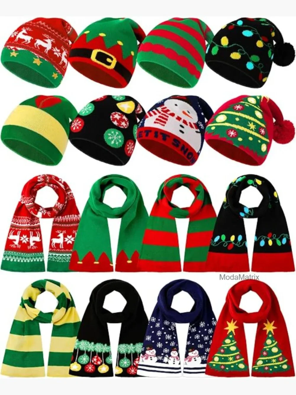 16 Pack Christmas Knitted Hat and Scarf Sets for Adults Winter Pom Beanie